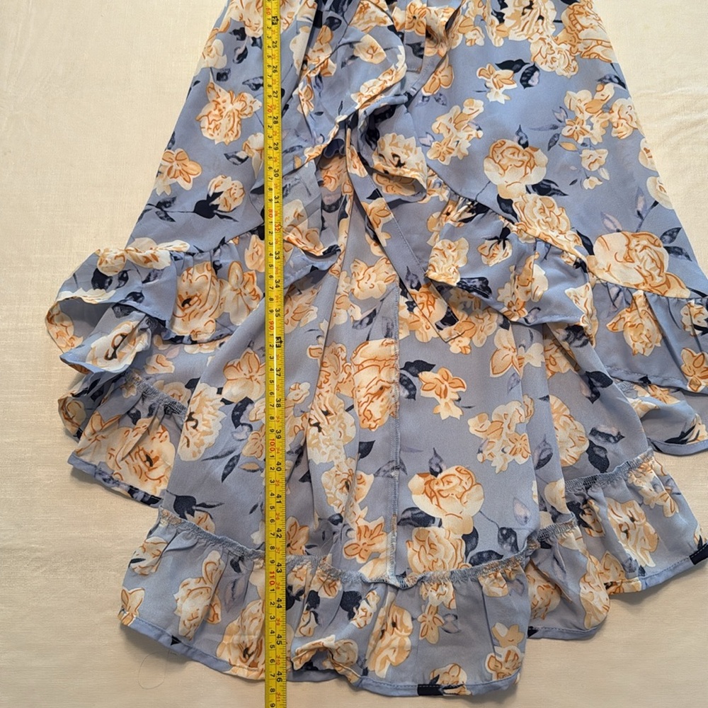 Mi Ami Women's Blue Yellow Floral Wrap Hi Low Midi Dress Size M - Picture 13 of 14